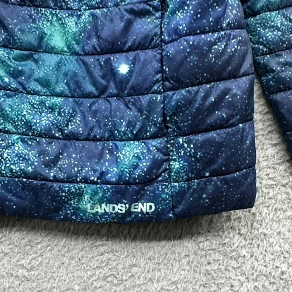 Lands End Kids Large (10-12) Galaxy Print Puffer Jacket Blue Teal Star Full Zip